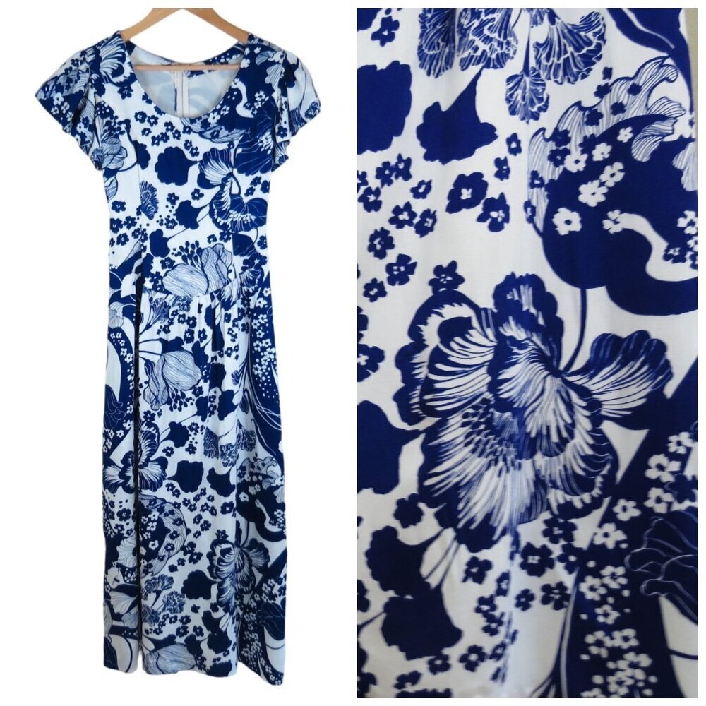 VINTAGE Handmade Women's Blue White Floral Maxi Dress with Shaped Drop Waist